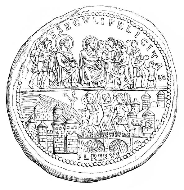 德國、美因茨、古代莫戈蒂亞庫姆、要塞和萊茵河大橋, 以羅馬硬幣為基礎 - sainz 幅插畫檔、美工圖案、卡通及圖標