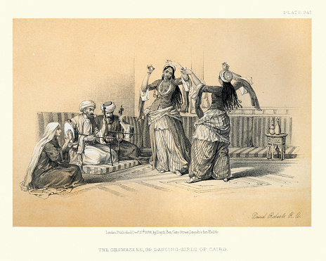 Vintage illustration of Ghawazees, or Dancing girls of Cairo, Egypt, Victorian 19th Century by David Roberts.