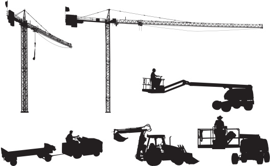 Giant construction cranes and other equipment