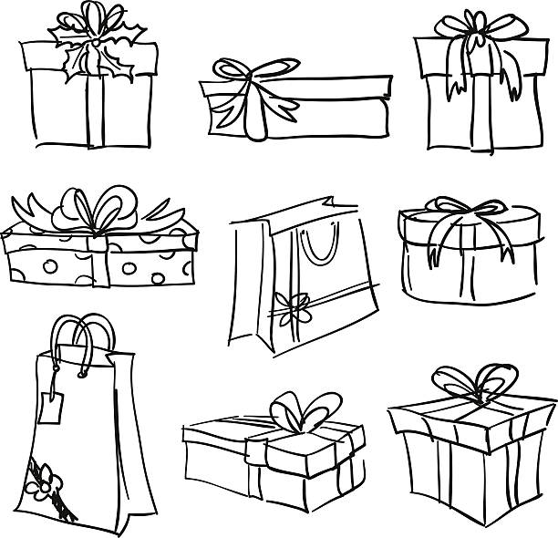 Gift boxes collection in black and white Sketch Drawing of different styles of gift boxes. gift drawings stock illustrations