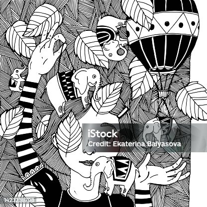 istock Girl and toy elephants, graphic illustration for children 1423238708