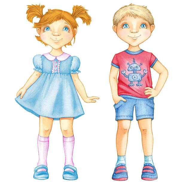 Girl in blue dress cartoon cute princess illustration watercolor children drawing A boy in a red T shirt blue shorts and jeans Girl in blue dress cartoon cute princess illustration watercolor children drawing A boy in a red T shirt blue shorts and jeans sweet little models pictures stock illustrations