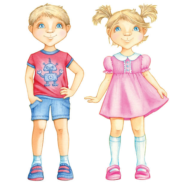 Girl in pink dress cartoon cute princess illustration watercolor children drawing A boy in a red T shirt blue shorts and jeans Girl in pink dress cartoon cute princess illustration watercolor children drawing A boy in a red T shirt blue shorts and jeans sweet little models pictures stock illustrations