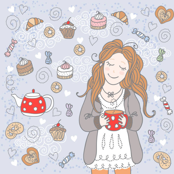 Girl with a cup of tea Girl with a cup of tea and many delicious sweets curley cup stock illustrations