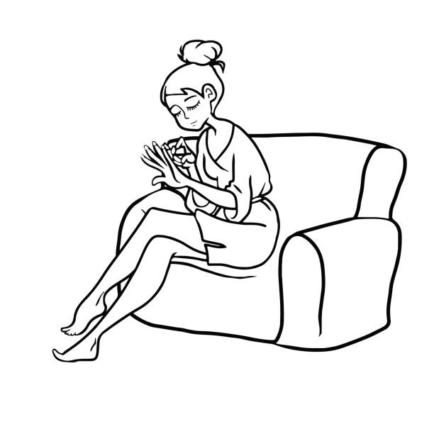 illustrazioni stock, clip art, cartoni animati e icone di tendenza di ragazza con accappatoio fare manicure sul divano - french manicure