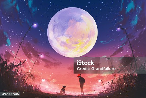 istock girl with dog at beautiful night with huge moon above 492098946