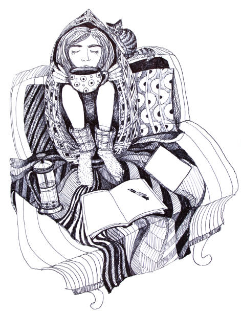 dziewczyna z kratą ręcznie rysowane czarne pióro hygge ilustracja - curley cup stock illustrations