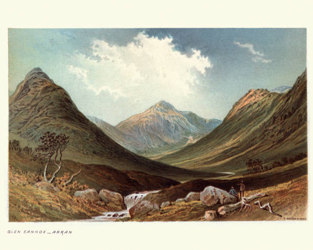 Glen Sannox, Isle of Arran, Scotland, 19th Century Vintage engraving of a landscape of Glen Sannox, Isle of Arran, Scotland, 19th Century landscape painting stock illustrations