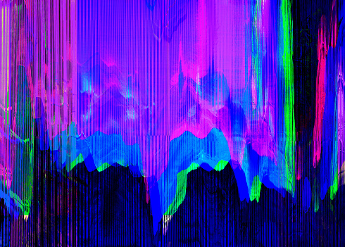 Abstract blue, mint and pink background with interlaced digital glitch and distortion effect. Futuristic cyberpunk design. Retro futurism, webpunk, rave 80s 90s cyberpunk aesthetic techno neon colors