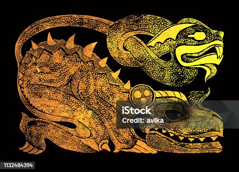 istock Gold Ehecatl (Aztec mythology character) on black background 1132484394