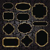Set of gold vintage frame and label shapes on seamless damask background.  Damask background is behind a clipping mask, and damask pattern swatch is already in the swatches panel for easy use.  File is layered for easy editing.