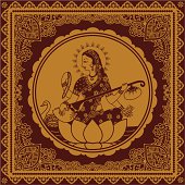 A golden illustration of Sarasvati, the Hindu Goddess of learning and the arts (the instrument is a vina), with decorative border designs. (Includes .jpg)