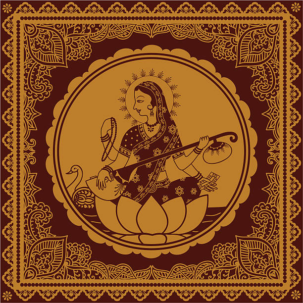 Golden Sarasvati A golden illustration of Sarasvati, the Hindu Goddess of learning and the arts (the instrument is a vina), with decorative border designs. (Includes .jpg) avatar borders stock illustrations