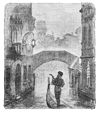 A gondola on a canal in Venice, Italy. Illustration published 1899. Source: Original edition is from my own archives. Copyright has expired and is in Public Domain.