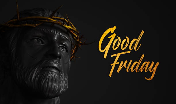 Good Friday Gold Text Jesus Christ Statue with Crown of Thorns 3D Rendering  good friday stock illustrations