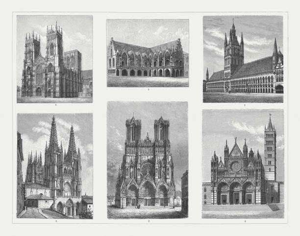illustrations, cliparts, dessins animés et icônes de arcitecture gothique (13ème et 14ème siècle), gravures sur bois, publiés 1897 - reims