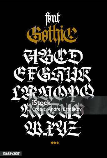 istock Gothic. Uppercase and lowercase white letters on a black background. Beautiful and stylish calligraphy. Elegant European typeface for tattoo and design. Medieval Germanic modern style. 1368143051