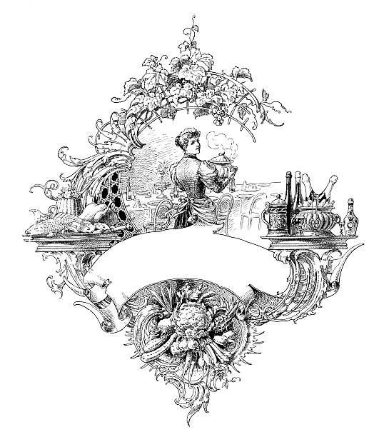 Gourmet frame | Antique Design Illustrations Classic engraving of gourmet frame (isolated on white).CLICK ON THE LINKS BELOW FOR HUNDREDS MORE SIMILAR IMAGES: champagne borders stock illustrations