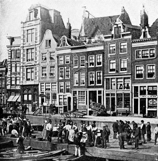 stockillustraties, clipart, cartoons en iconen met grachtengordel (canal district) in amsterdam, netherlands - 19th century - nederland rijtjeshuis