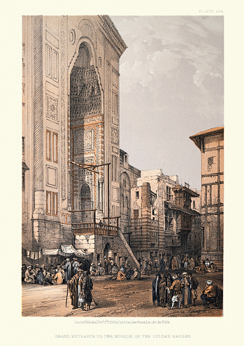 Vintage illustration of Grand entrance to the Mosque of the Sultan Hassan, Cairo, by David Roberts, 19th Century. The Mosque-Madrasa of Sultan Hassan is a monumental mosque and madrasa located in the historic district of Cairo, Egypt. It was built between 1356 and 1363 during the Bahri Mamluk period, commissioned by Sultan an-Nasir Hasan.