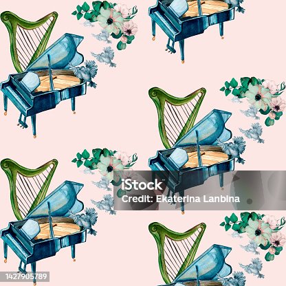 istock Grand piano, harp and flowers watercolor seamless pattern on beige. 1427905789
