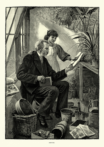 Vintage engraving of Grandfather and granddaughter planting seeds in a greenhouse, 19th Century. Seedtime