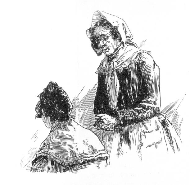 Grandma Comforts her daughter Grandma Comforts Engravings from the 1850 novel Handel en wandel by F.W. Hacklander showing domestic life in the mid 19th century in the 1886 Dutch edition french maid outfit stock illustrations