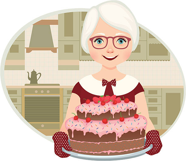 großmutter einen kuchen gebacken - oma kocht stock-grafiken, -clipart, -cartoons und -symbole