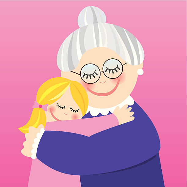 Grandmother hugging her granddaughter vector art illustration