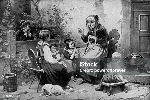 istock Grandmother’s Story/Scenery with an Old Lady Telling Stories to the Kids, Painting by Hermann Werner - 19th Century 1376454819