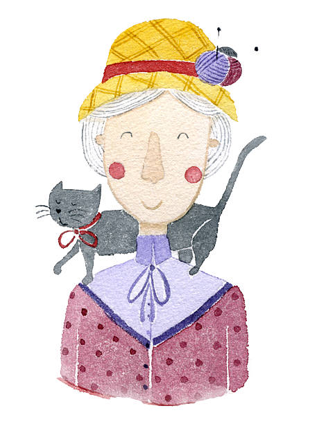 Granny Watercolor Illustration hand drawn with watercolors, scanned and isolated  cartoon of a wrinkled old lady stock illustrations