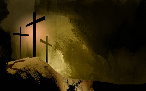 Graphic Christian crosses of Jesus abstract background Graphic illustration of the Christian crosses at Calvary where Jesus Christ was crucified as a sacrifice for sins. Digital rendition of the Easter message in dramatic gold and brown brush strokes. gospel stock illustrations