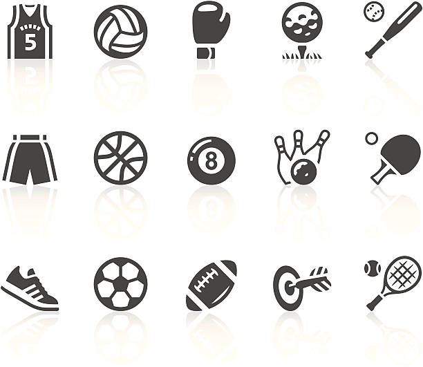 Gray and white sports equipment vector icon set "Vector icons. Simple series. One icon consists of a single object + reflection (on a separate layer). EPS8, JPEG + AI CS3" soccer symbols stock illustrations