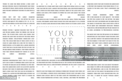 istock Gray newspaper advertisement column mockup with copy space on a blurred article words text background. Printed monochrome news page sheet with empty template place 1363172428