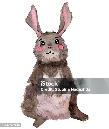 istock Gray rabbit sitting alone and smiling isolated. 1366943936
