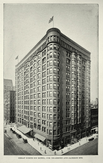 Vintage illustration after a photograph of Great Northern Hotel, Chicago, 19th Century.  It was located at the northeast corner of Jackson Boulevard and Dearborn Street in Chicago, Illinois. The building was designed by Burnham and Root. Demolished in 1940