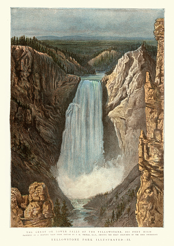 Vintage illustration of Great or lower falls of the Yellowstone, Waterfall, Victorian 19th Century