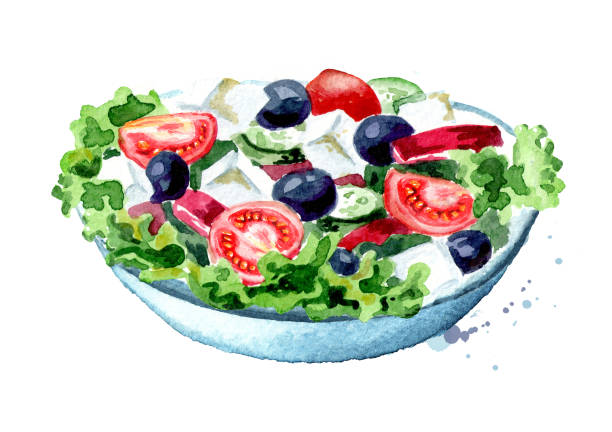 신선한 야채와 페타 치즈 그리스 샐러드입니다. 흰색 배경에 고립 수채화 손으로 그린 그림 - 샐러드 stock illustrations