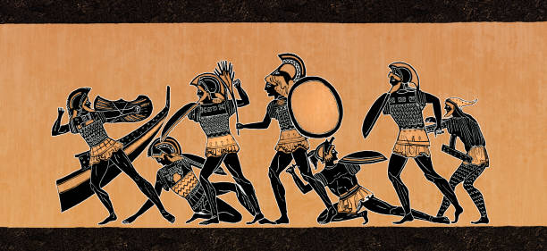 Greek vase showing soldiers fighting at war in Athens Greece vector art illustration