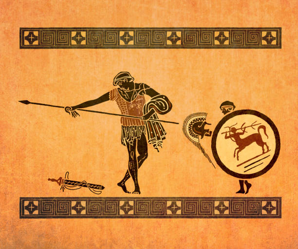 ilustrações, clipart, desenhos animados e ícones de vaso grego mostra jovem soldado em treinamento militar em olímpia grécia - greek vase race
