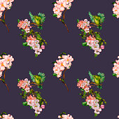 istock Green bird , blossom cherry tree seamless floral pattern 1402088155