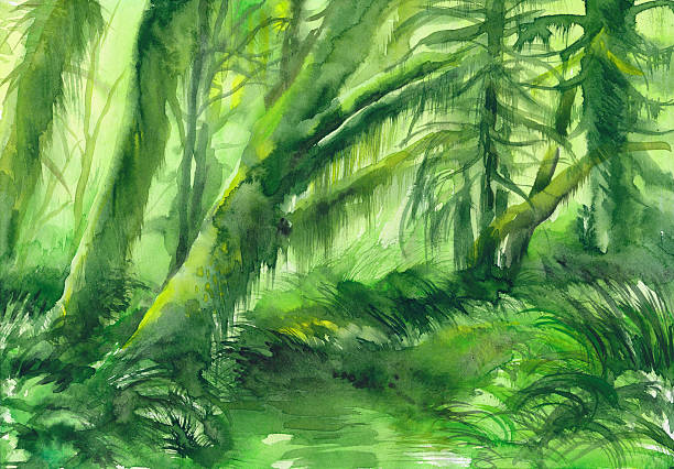 Green misty trees vector art illustration