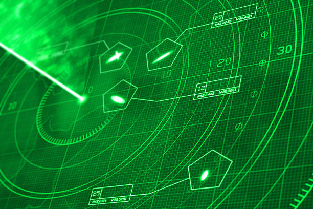 Green radar display with identified targets Military radar simulation with green display, showing a glowing grid with coordinates and positioning numbers. Scanner axis is visible while spinning around the center. Some objects similar to ships are targeted and identified with data labels. Diminishing perspective with selective focus. military ship stock illustrations