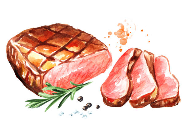 スライスした牛肉のグリル ステーキ スパイス。水彩の手描きイラスト、白い背景で隔離 - ステーキ点のイラスト素材／クリップアート素材／マンガ素材／アイコン素材