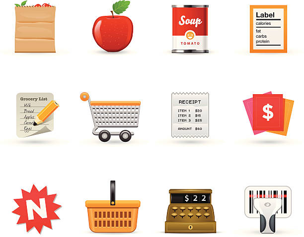 bildbanksillustrationer, clip art samt tecknat material och ikoner med grocery icons  |   satin series - food labels