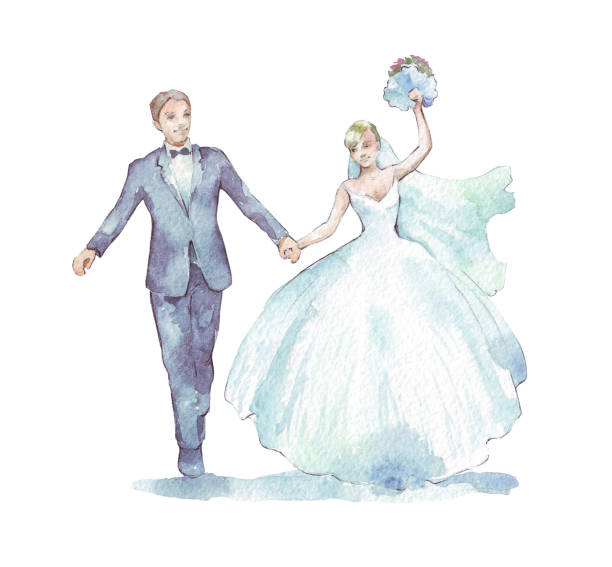 Groom and bride on white Groom and bride on white watercolor illustration bride stock illustrations