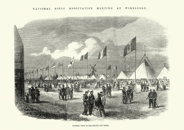 ilustraciones, imágenes clip art, dibujos animados e iconos de stock de tierra y tiendas de campaña de la reunión de la asociación nacional del rifle en wimbledon, 1861, siglo 19 - nra