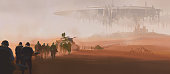 istock A group of armed forces walking in the desert. In the distance is a huge alien mothership floating in the air. 3D illustrations and digital paintings. 1310394288