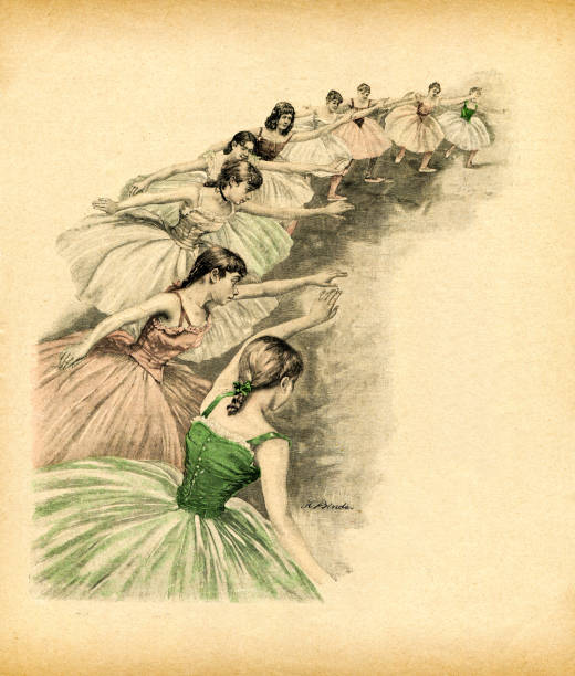 Group of teenage girls dancing ballet at class 1893 vector art illustration