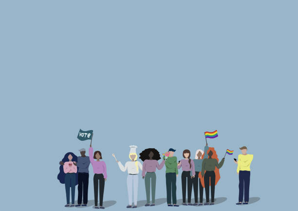 stockillustraties, clipart, cartoons en iconen met groep jongeren die verschillende onderwerpen, etniciteit en beroepen met een blauwe achtergrond ondersteunen - gay demonstration